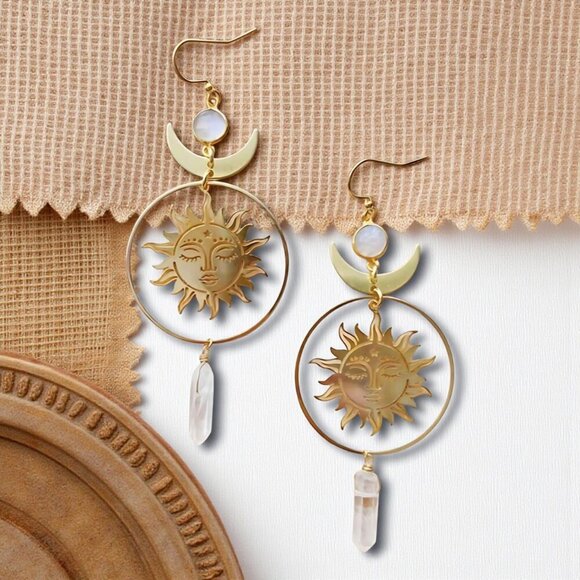 🆕️Celestial Sun Moon Quartz Crystal Dangle Earrings Boho Chic Trendy Jewelry - Picture 6 of 10